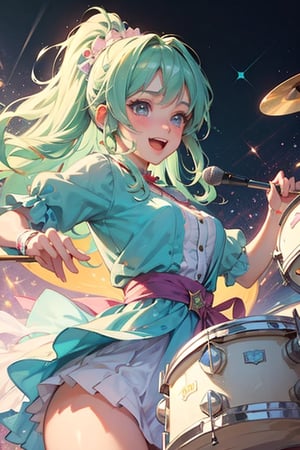 A close-up shot of a sweet-faced anime girl wearing a sparkly outfit, Drums on stage, Her long hair bounces with each hit as she plays a lively rhythm, her eyes shining with excitement. Soft pastel colors and whimsical lighting create a dreamy atmosphere, while the composition emphasizes her joyful energy.