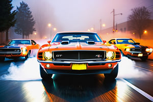 A modern depiction of Muscle cars at daytime  in a very foggy street, Text"Got Oil"Text, black rubber tyres, Front Side view, (symmetrical), Album Cover, tyre smoke,  Foggy, Black, orange, Muscle Cars, Car Meeting,(symmetrical lights) ,more detail XL,H effect