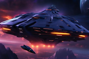 A dark, foreboding large alien spaceship looms in the crimson-streaked sky, its hull a mesh of jagged metallic plates illuminated by eerie yellow lighting as it captures a small space ship with a tractor beam. The planet below, a terrestrial gem with wispy blue clouds and verdant continents, remains oblivious to the looming threat.