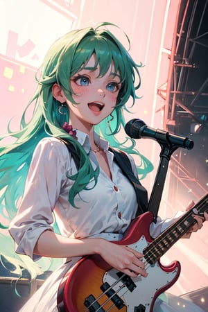 A close-up shot of a sweet-faced anime girl wearing a sparkly outfit, Bass guitar on stage, Her long hair bounces with each hit as she plays a lively rhythm, her eyes shining with excitement. Soft pastel colors and whimsical lighting create a dreamy atmosphere, while the composition emphasizes her joyful energy.