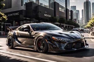 A Toyota AE-86-inspired black/White supercar, its cutting-edge design gleaming in the noon sun, glides down a bustling city street. Black spoked wheels stretch out like dark tentacles, accentuating the vehicle's sharp lines and angular shape. The symmetrical front view points straight ahead, poised for action. Against the vibrant urban backdrop of towering skyscrapers and pedestrians, the matte-finish supercar stands out, its sleek silhouette a testament to innovative design.