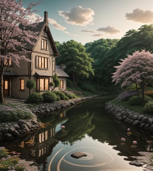 8K Anime style,  The gentle flow of the river mirrors the beauty of the stone country house, its waters shimmering with reflections of the surrounding greenery and blooming flowers of all colours, all depicted in an anime-inspired digital art style that brings a touch of whimsy to the idyllic setting,photorealistic,Nature