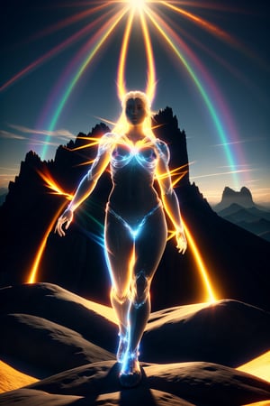 A celestial figure clad in shimmering robes stands atop a mountain peak at dusk, with clouds of apocalyptic orange and crimson hues gathering behind. The messenger's arms outstretched, palms facing the heavens as they gaze down upon the mortal realm below. A halo of golden light surrounds their head, illuminating their solemn expression. In the distance, cities and towns are shrouded in a thick, gray mist, symbolizing the impending doom. 8K resoloution