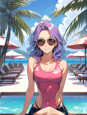 2 serene anime girls with luscious, jade hair, locks glistening with water droplets, wearing sunglasses, donning a vibrant pink swimsuit that accentuates her toned physique. She sits sunbathing by  the crystal-clear waters of the oceanfront pool, surrounded by sun-kissed beach umbrellas and tranquil palm trees at a picturesque resort on a warm, sunny day.