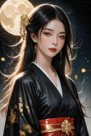 Beautiful girl. She is very cool, she is wearing a very luxurious Black hakama outfit. intwined with gold, gold jewellery,  detailed image, detailed skin, upper body, looking at the viewer. Black background, ((masterpiece: 1.2)), light particles, ink drops in the background, Anime style.
