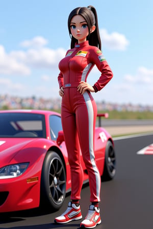 ((2woman)),  2Anime girls, full body, 3D cartoon figure girl, with great attention to detail, beautiful and delicate eyes, motor racer anime girls, wearing racing clothes, standing on next to a race car, detailed, dynamic beautiful pose, dynamic pose, natural light, ((realistic)) quality: 1.2), dynamic distance shot, cinematic lighting, perfect composition, super detail, masterpiece, (best) quality: 1.3), reflection, high resolution CG Unity 8K wallpaper, simple background, masterpiece, (photorealistic): 1.2), random angle, side angle, full body,