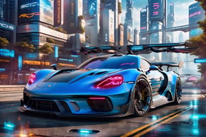 A futuristic hi-tech  Super car inspired by Porsche, Cyberpunk-inspired Super car, Blue, black spoked wheels, on the road in city area background, at mid day time, front view, symmetrical, 