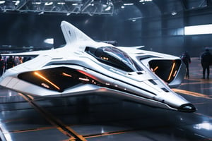 A space fighter jet landed in a futuristic hanger