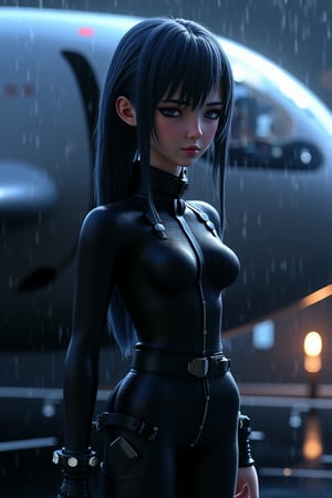 ((2woman)),  2Anime girls, full body, 3D cartoon figure girl, with great attention to detail, beautiful and delicate eyes, wearing shiny black flight suit clothes, standing on next to a futuristic space ship, at night in the rain. detailed, dynamic beautiful pose, dynamic pose, natural light, ((realistic)) quality: 1.2), dynamic distance shot, cinematic lighting, perfect composition, super detail, masterpiece, (best) quality: 1.3), reflection, high resolution CG Unity 8K wallpaper, simple background, masterpiece, (photorealistic): 1.2), random angle, side angle, full body,