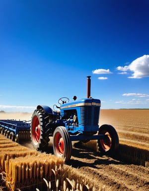 A sunny afternoon scene: A Massie Ferguson tractor, its metal gleaming in the bright midday light, chugs slowly across a freshly plowed field. The golden wheat stretch out before it like a canvas, the tractor's tires leaving shallow tracks in the earth. The sky above is a brilliant blue, with only a few wispy clouds drifting lazily across the horizon.