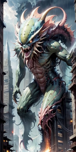 Generate hyper realistic image of a scene featuring a other-worldly Giagantic Kaiju of imense size, a strange creature that towers above skyscrappers, contorted limbs and a gaping jaws, emerging from an otherworldly portal in the midst of a Rain storm in a city,  Dwarfing large Buildings, heralding the arrival of unspeakable horrors. inspired by Ishiro honda and Eiji Tsuburaya creation,monster,biopunk style
