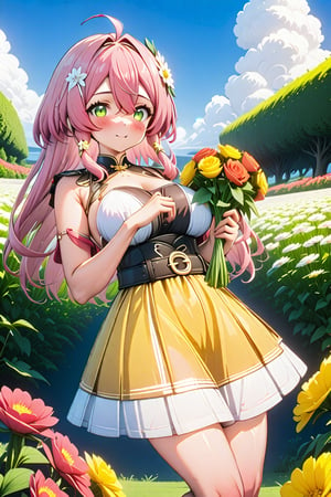 A serene afternoon in a lush garden setting, with a bright blue sky and soft, puffy white clouds drifting lazily by. A petite anime girl, with long, curly brown hair and big, sparkling green eyes, is posed amidst vibrant flowers and lush greenery. She wears a sweet, flowing yellow sundress with a white apron, and her hands gently hold a bouquet of colorful blooms. The soft focus highlights the gentle curve of her smile as she gazes down at the flowers.