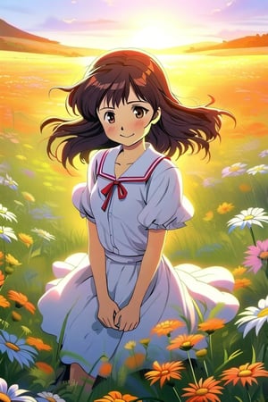 A cute anime girl in a field of wild flowers