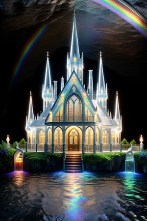 A 3D highly detailed illustration of a whimsical, fairy-tale (lord of the rings movie) inspired elven palace house with turrets, ornate stained glass windows surrounded by iron gates built on the edge of a cliff overlooking a waterfall. A rainbow in the sky above. vibrant psychedelic metallic colors, white background

,DonMSp3ctr4l