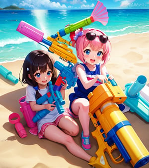 2 Cuute Anime girls on the beach playing with a water gun, super Soaker
