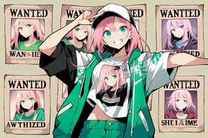 
Create a "wanted poster" in one-piece anime style, featuring "Nozomi Hikaru" with an energetic expression, pink hair, and green eyes, she carries a big smile. she is streetwear. there will be a frame all around the image.