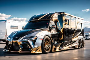 A futuristic Big rig style inspired by Toyota Supra,  RV neo-Atompunk, tall cab area, Gloss Black, and gold,  black rubber white wall tyres, Chrome Bumpers, Aluminum side panels,  on the road in a Heavenly area background, at Day time, Blue sky, Front Side view, symmetrical, ,more detail XL