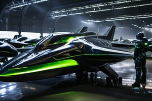 A sleek, Black and green space fighter craft,  its metallic surface reflecting the brightlights of the futuristic hangar. The aircraft's angular lines  are illuminated from within, casting an eerie glow. In the background, rows of identical vessels stand at attention, their cockpits gleaming like polished mirrors. The landing gear retracts as the jet comes to a halt, its pilot's helmeted figure emerging from the cockpit, gazing out at the bustling hangar with a mixture of exhaustion and triumph.