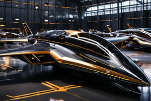 A sleek, Black and gold space fighter craft,  its metallic surface reflecting the brightlights of the futuristic hangar. The aircraft's angular lines  are illuminated from within, casting an eerie glow. In the background, rows of identical vessels stand at attention, their cockpits gleaming like polished mirrors. The landing gear retracts as the jet comes to a halt, its pilot's helmeted figure emerging from the cockpit, gazing out at the bustling hangar with a mixture of exhaustion and triumph.