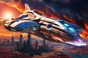 A lone space ship descends into a city  of the desert landscape, its metallic surface reflecting the scorching sun's rays. In the distant background, a celestial canvas showcases a stunning City, their vibrant hues and swirling clouds a striking contrast to the Futuristic city. The ship's landing gear stretches out as it settles onto the city expanse.