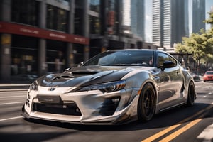 A gleaming black/white Toyota AE-86-inspired modern day  design, car navigates down a bustling city street at high noon, bathed in radiant sunlight. The vehicle's sharp lines and angular shape are accentuated by black spoked wheels. In symmetrical profile, the front view points directly ahead, poised for action. Against the vibrant urban backdrop of towering skyscrapers and pedestrians, its sleek silhouette a testament to innovative design.