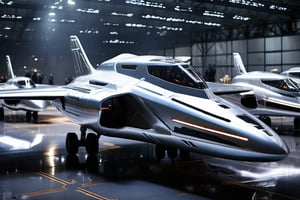 A sleek, silver space fighter craft,  its metallic surface reflecting the brightlights of the futuristic hangar. The aircraft's angular lines  are illuminated from within, casting an eerie glow. In the background, rows of identical vessels stand at attention, their cockpits gleaming like polished mirrors. The landing gear retracts as the jet comes to a halt, its pilot's helmeted figure emerging from the cockpit, gazing out at the bustling hangar with a mixture of exhaustion and triumph.