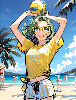 An Anime girl with green shiny hair with yellow sunglasses on her head, wearing a yellow T-shirt with light white striped shorts, playing volleyball at a sunny beach resort,aesthetic