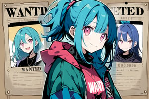 
Create a "wanted poster" in one-piece anime style, featuring "Nozomi Hikaru" with an energetic expression, blue hair, and pink eyes, she carries a big smile. she is wearing streetwear. there will be a frame all around the image.