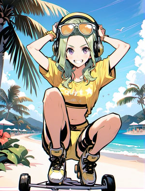 An Anime girl with light green hair, with yellow sunglasses on her head, wear headphones, wearing a Yellow T-shirt with bikini bottom,  riding on roller skates at a sunny beach resort,aesthetic,ANIME GIRL