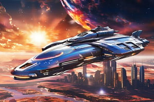 A lone space ship descends into a city  of the desert landscape, its metallic surface reflecting the scorching sun's rays. In the distant background, a celestial canvas showcases a stunning City, their vibrant hues and swirling clouds a striking contrast to the Futuristic city. The ship's landing gear stretches out as it settles onto the city expanse.