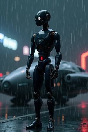   A droid full body, figure with great attention to detail, beautiful and delicate eyes, wearing shiny black flight suit clothes, standing on next to a futuristic space ship, at night in the rain. detailed, dynamic beautiful pose, dynamic pose, natural light, ((realistic)) quality: 1.2), dynamic distance shot, cinematic lighting, perfect composition, super detail, masterpiece, (best) quality: 1.3), reflection, high resolution CG Unity 8K wallpaper, simple background, masterpiece, (photorealistic): 1.2), random angle, side angle, full body,