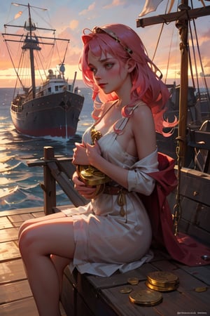 A whimsical shot on the weathered deck of a vintage pirate ship, where Boa Hancock's endearing anime persona is perched amidst a treasure trove of glittering gold. Her bright pink hair flows in the sea breeze as she gazes out at the horizon, her slender arms wrapped around a chest overflowing with golden doubloons and precious jewels. Soft warm lighting casts a romantic glow on the scene, while the ship's worn wooden planks and rusty cannons provide a rustic contrast to Hancock's elegant pirate princess attire.