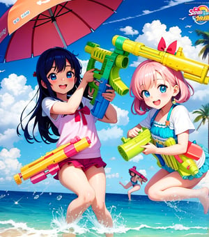2 Cute 18 year old Anime girls on the beach playing with a water gun, super Soaker