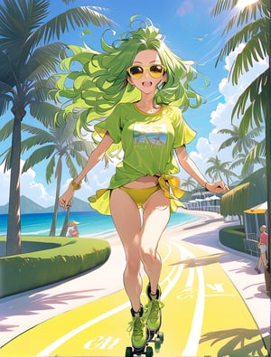 Anime girl with vibrant light green locks and trendy yellow sunglasses perched on her forehead, donning a bright yellow bikini-bottom adorned T-shirt. She's poised on roller skates, gliding effortlessly along the sun-kissed pathway adjacent to a bustling beach resort, with palm trees swaying gently in the breeze.