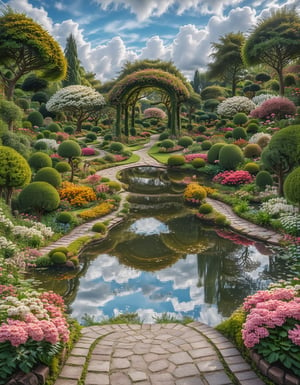 A beautiful fantasy Garden with trees, and a majestic sky with white clouds, a pond can be seen that is still like a mirror reflecting the sky, well trimmed hedges surround the garden, the grass is green, Flowers bloom all different colours, with radiance that brings magic to the place, it was mid day cinematic 8k photography shot by Sony cameras, ultra realistic,more detail XL
