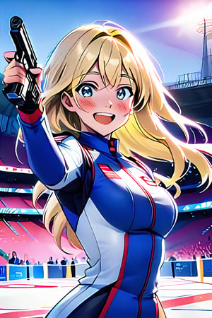 Anime girl, Jessica Bubbles' blonde locks radiate joy as she stands at the Air pistol event at the Olympics, uniform aglow in bright blue and white against a soft lighting backdrop. The crowd erupts in cheers and chants behind her, their fervor reflected in her sparkling eyes shining brightly. Her radiant smile spreads across her face, illuminated by the Olympic stadium's vibrant track stretching out before her.