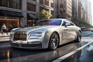 A sleek silver supercar, inspired by Rolls Royce  cutting-edge design, glides down a bustling city street at noon. The vehicle's sharp lines and angular shape are accentuated by black spoked wheels that seem to stretch out like dark tentacles. The front view is symmetrical, with the car's nose pointed straight ahead as if ready to pounce. The cityscape background provides a vibrant contrast to the supercar's matte finish, with towering skyscrapers and bustling pedestrians creating a dynamic urban landscape.