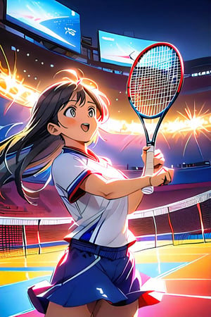 Close-up shot of an anime-style girl in a vibrant uniform, racket in hand, focused on her opponent across the net. The Olympic stadium's bright lights reflect off her determined face as she swings to send the shuttlecock soaring. A blurred crowd cheers in the background, surrounded by giant TV screens displaying the action.