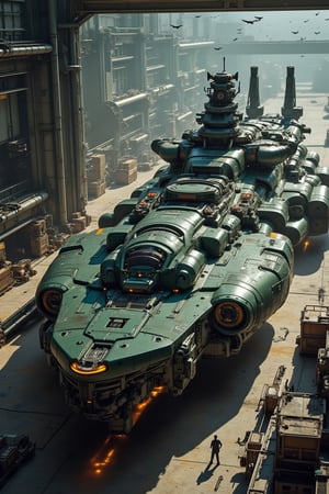 Masterpiece, best quality, ultra detailed, 8K, absurd, photorealistic, realistic photo, ultra realistic photo, raw photo, 3D rendering, 3D model, sci-fi, indoors, inside a futuristic hanger base, Colossal sized dark green and black metallic colored Warship parked on the concrete ground, cargo gangway taking cargo on board, drones flying around welding, ground crew,  hazy, super cool, perfect details, amazing details, incredible details, ultimate details, detailed background, dramatic composition, very clear--niji 6,real robot