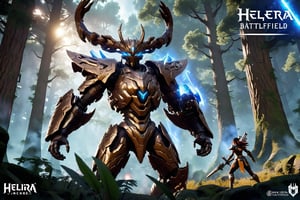 A dynamic battlefield set in a mystical forest with towering ancient trees and shimmering magical energies. Helera an AI combat partner, stands beside the player, her eyes glowing with intelligence and determination. She is dressed in a sleek, futuristic combat outfit with mystical runes etched on her armor. The player, equipped with a variety of weapons, issues a tactical command to Helera through a voice command. Helera responds instantly, launching a precise attack on a fearsome mythical creature. The background features other AI partners and players engaged in strategic combat, highlighting the deep collaboration and teamwork. Text Overlay: "Experience Helera Nova Unmatched Collaboration with AI Combat Partners" "Real-Time Tactical Responses and Precise Combat Support" "MageCosmos: Ultimate Nexus"