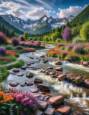 A beautiful fantasy landscape, with mountains and trees, and a majestic sky with white clouds, a lake can be seen that has fast flowing water showing river rapids,  reflecting the sky, the grass is green and dark purple like lavenderfield, red/orange /yellow/ blue flowers that brings magic to the place, it was morning day , ((Slow camera shutter speed)),  cinematic 8k photography shot by Sony cameras, ultra realistic,more detail XL