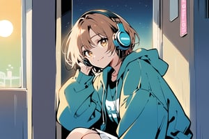 
An American manga-style illustration with a retro 1990s aesthetic. The scene features a calm and serene K-pop idol with long, side-parted brown hair and oversized vintage headphones. She is homeless, looking for help, She's leaning against the entrance of a cosy, dimly lit café, with soft lighting coming through, creating a peaceful atmosphere on a rainy day. The idol has a gentle smile, and her pose reflects a sorrowful mood.