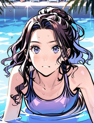 An Anime girl with black wet shiny hair,  wearing a purple swimsuit, swimming in a pool at a sunny beach resort,aesthetic