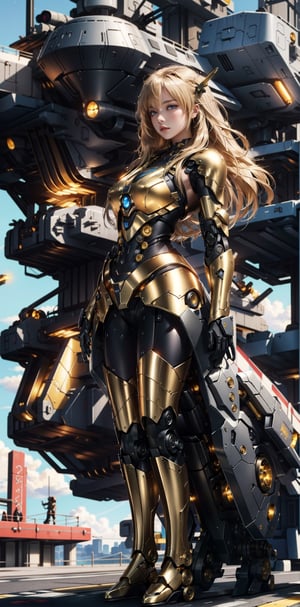 A 20 years old Blonde( German) girl extremely beautiful and gorgeous  wearing cyborg suit high tech armor Black and Gold colour, detailed body deadly look serious look on her face , full body ,Science Fiction, Futuristic fighter ship Landed on Platform high up in a futuristic city standing next to Futuristic fighter ship, yofukashi background