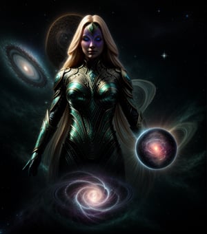 In the depths of the cosmos, there exists a mysterious, beautiful blonde female creature known as the Starshadow. This ethereal being drifts through the void, its form a shifting amalgamation of dark matter and radiant stardust. Almost invisible to the eye, the Starshadow emits a faint, mesmerizing glow that hints at its presence. Legends speak of its ancient origins, predating even the oldest stars. The creature is said to possess an immense, enigmatic intelligence, communicating through intricate patterns of light and shadow. Its motives remain unknown, but many believe it guards the secrets of the universe, silently watching over the galactic realms.,photorealistic