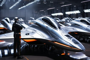 A sleek, silver space fighter craft,  its metallic surface reflecting the brightlights of the futuristic hangar. The aircraft's angular lines  are illuminated from within, casting an eerie glow. In the background, rows of identical vessels stand at attention, their cockpits gleaming like polished mirrors. The landing gear retracts as the jet comes to a halt, its pilot's helmeted figure emerging from the cockpit, gazing out at the bustling hangar with a mixture of exhaustion and triumph.