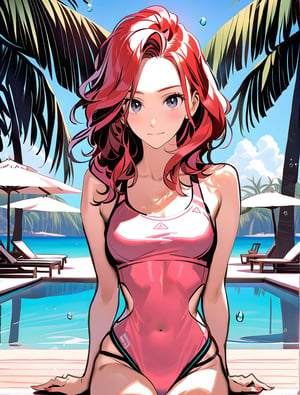 A serene anime girl with luscious, Red hair, locks glistening with water droplets, donning a vibrant pink swimsuit that accentuates her toned physique. She sits sunbathing by  the crystal-clear waters of the oceanfront pool, surrounded by sun-kissed beach umbrellas and tranquil palm trees at a picturesque resort on a warm, sunny day.