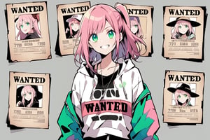 
Create a "wanted poster" in one-piece anime style, featuring "Nozomi Hikaru" with an energetic expression, pink hair, and green eyes, she carries a big smile. she is streetwear. there will be a frame all around the image.