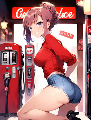 Vintage Vixen Filling Up: A sultry pin-up girl from the 1960s poses seductively at a classic gas station. Her teased hairdo and sassy smile radiate confidence, while ripped jean shorts showcase toned legs beneath worn red T-shirt clinging to curves. She looks back over her shoulder, eyes sparkling with mischief, as she pumps gasoline, daring the viewer to get too close. The old-fashioned gas pumps, vintage sign, and weathered asphalt evoke a bygone era of adventure and nostalgia.