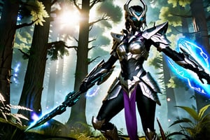 A dynamic battlefield set in a mystical forest with ancient trees and shimmering magical energies. Helera an AI combat partner, stands beside the player, her eyes glowing with intelligence and determination. She is dressed in a sleek, futuristic combat outfit with mystical runes etched on her armor. The player, equipped with a variety of weapons, issues a tactical command to Helera through a voice command. Helera responds instantly, launching a precise attack on a fearsome mythical creature. The background features other AI partners and players engaged in strategic combat, highlighting the deep collaboration and teamwork. Text Overlay: "Helera Nova" "Real-Time Tactical Responses and Precise Combat Support" "MageCosmos: Ultimate Nexus"